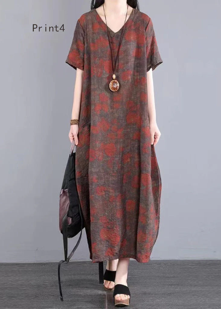 Beautiful V Neck Print Patchwork Cotton Long Dresses Summer - Image 4