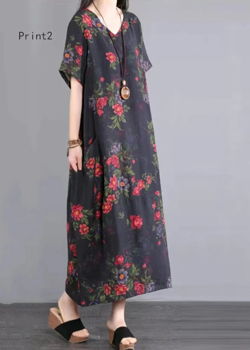 Beautiful V Neck Print Patchwork Cotton Long Dresses Summer - Image 5