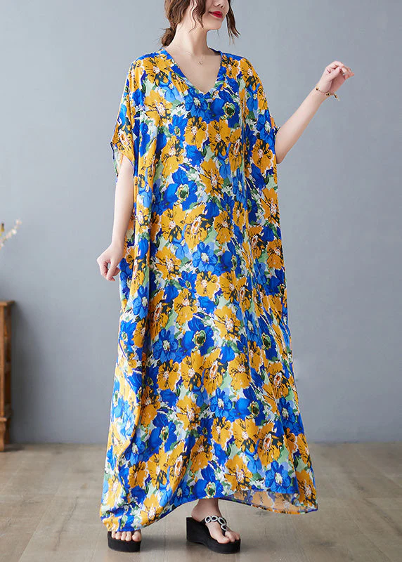 Beautiful V Neck Print Satin Long Dresses Short Sleeve - Image 2