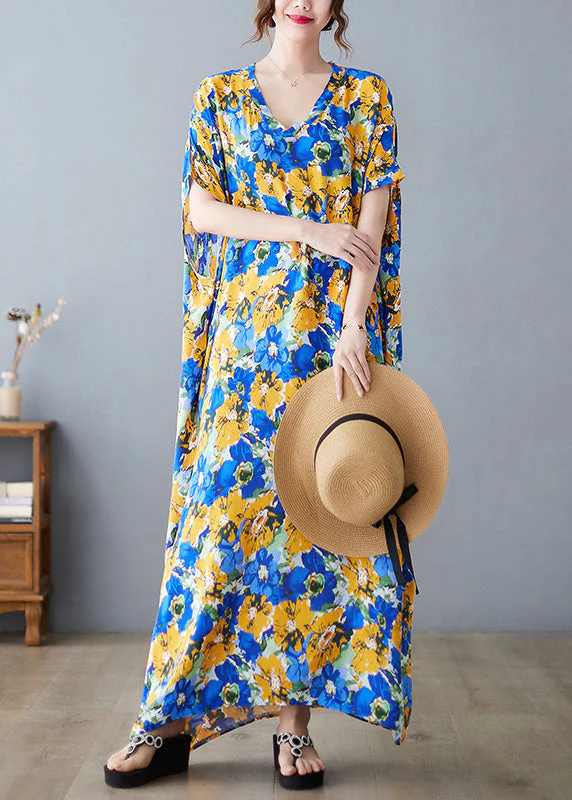 Beautiful V Neck Print Satin Long Dresses Short Sleeve - Image 3