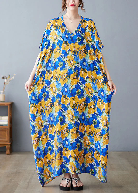 Beautiful V Neck Print Satin Long Dresses Short Sleeve - Image 4
