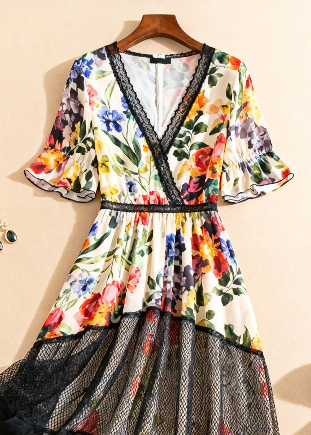 Beautiful V Neck Print Tulle Patchwork Long Dress Summer - Image 2