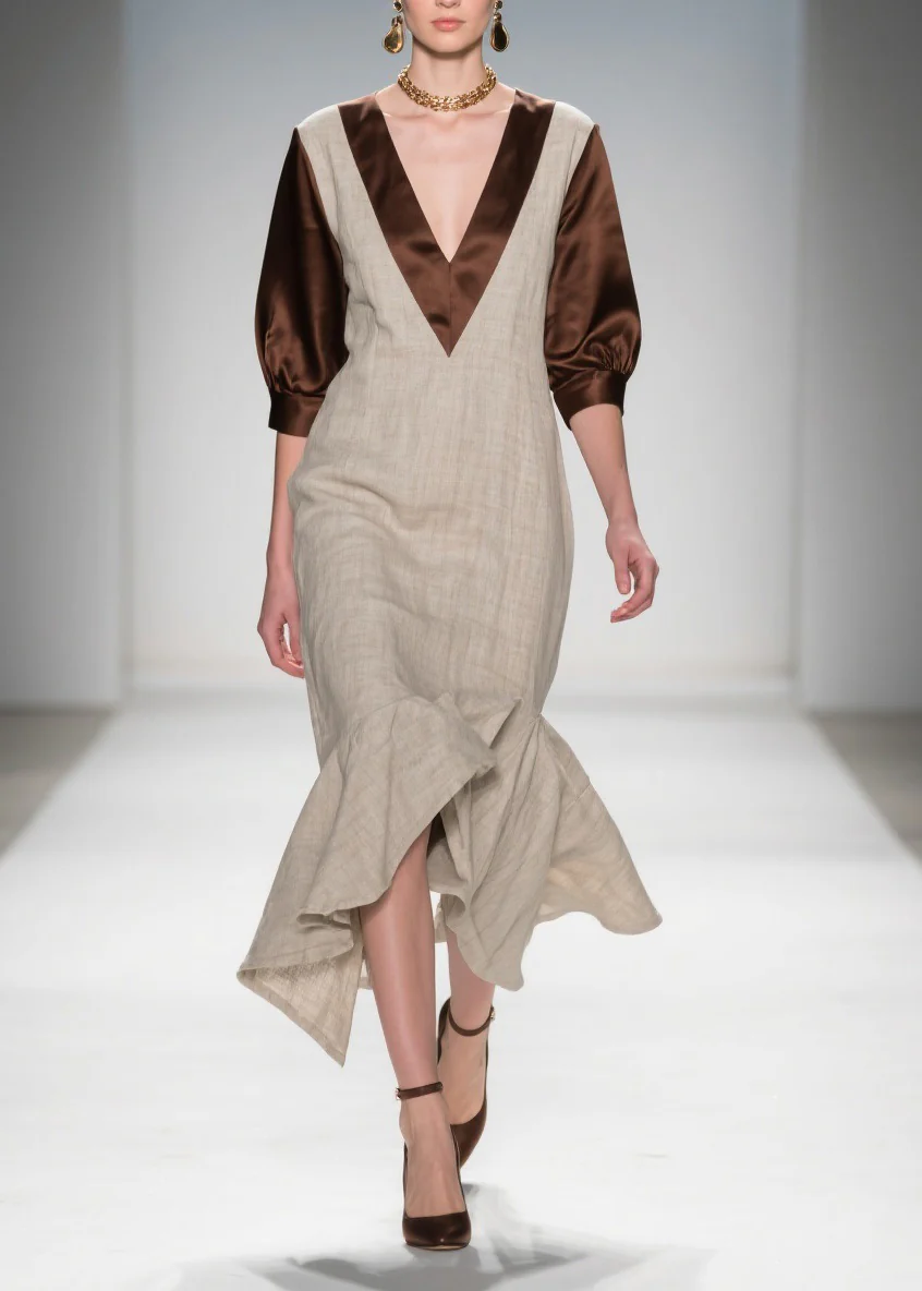 Beautiful V Neck Ruffled Patchwork Linen Silk Dress Summer