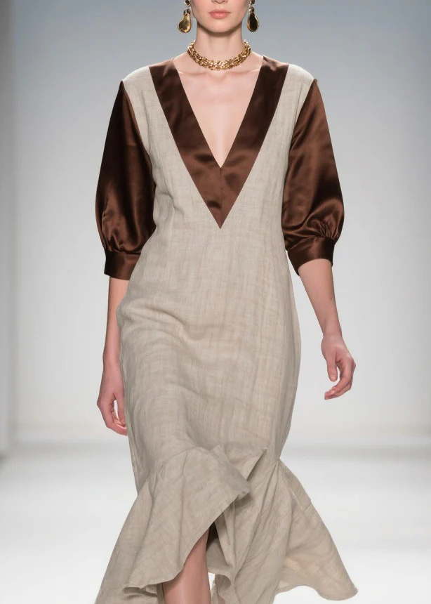 Beautiful V Neck Ruffled Patchwork Linen Silk Dress Summer - Image 2