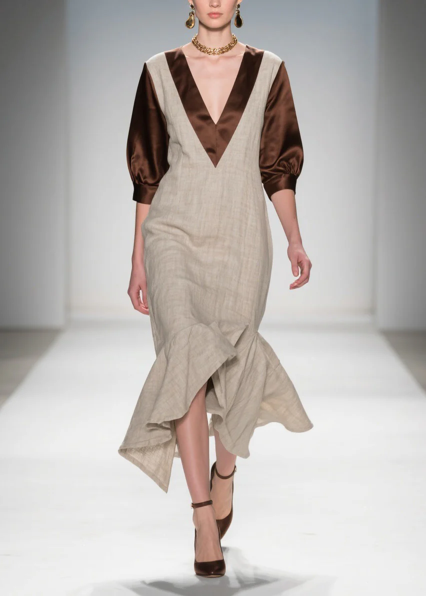 Beautiful V Neck Ruffled Patchwork Linen Silk Dress Summer - Image 3