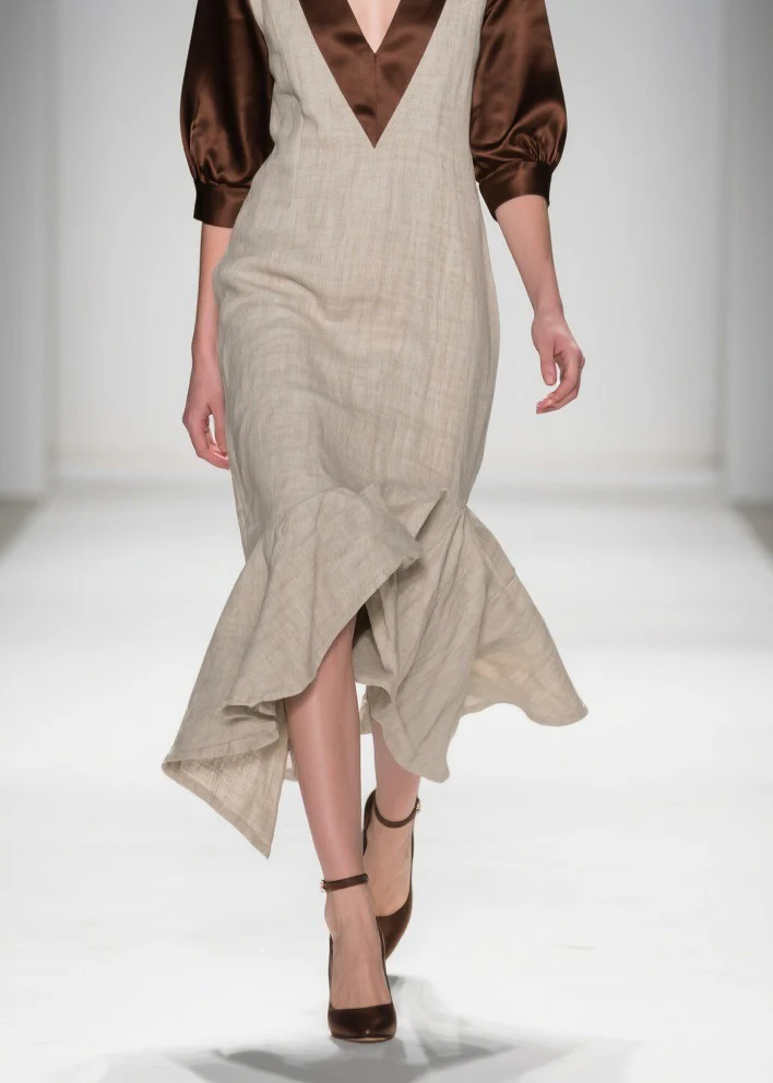 Beautiful V Neck Ruffled Patchwork Linen Silk Dress Summer - Image 4