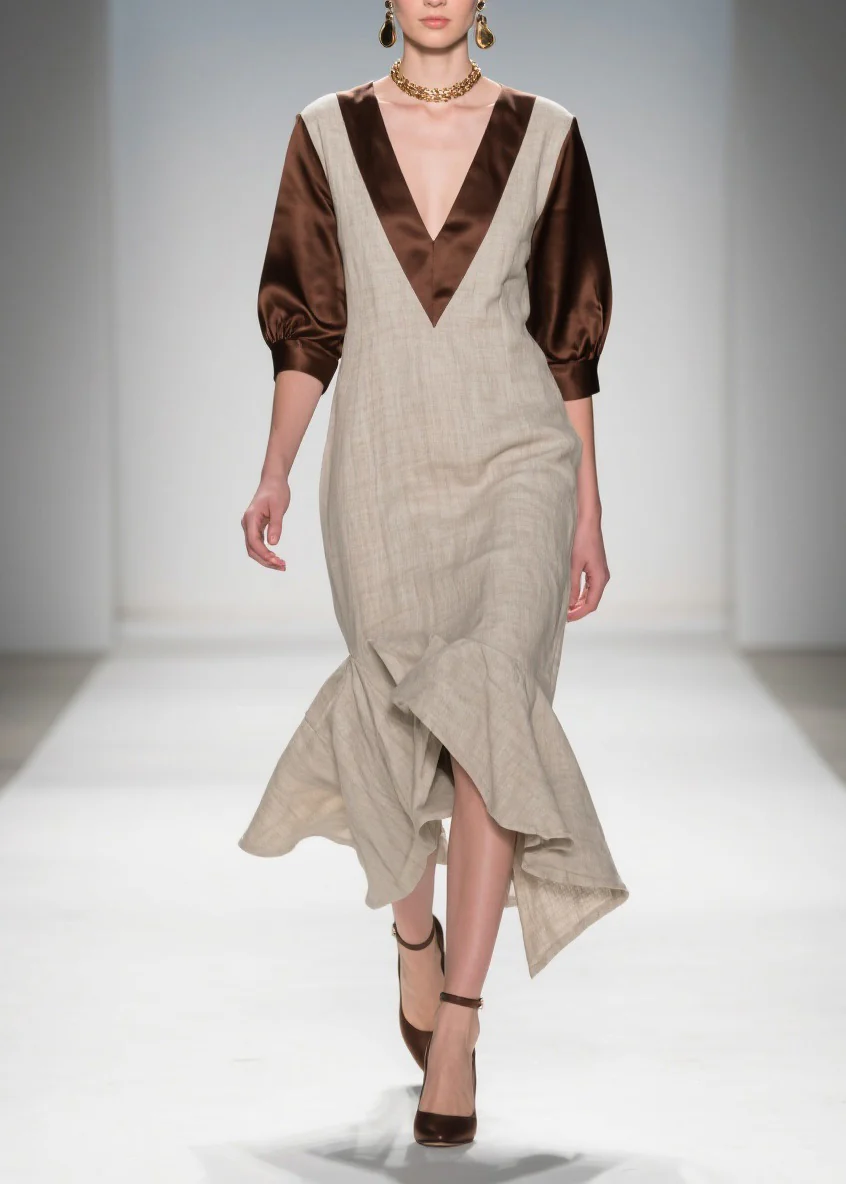 Beautiful V Neck Ruffled Patchwork Linen Silk Dress Summer - Image 5