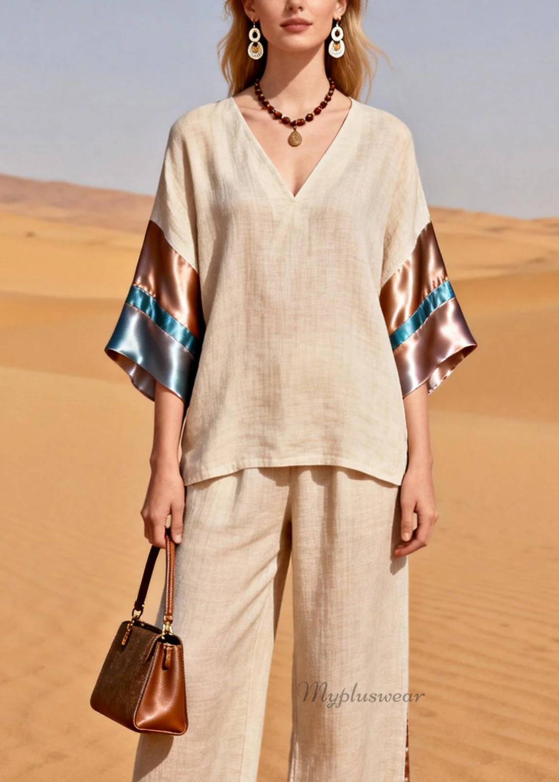 Beautiful V Neck Silk Patchwork Linen Two Pieces Set Summer - Image 2