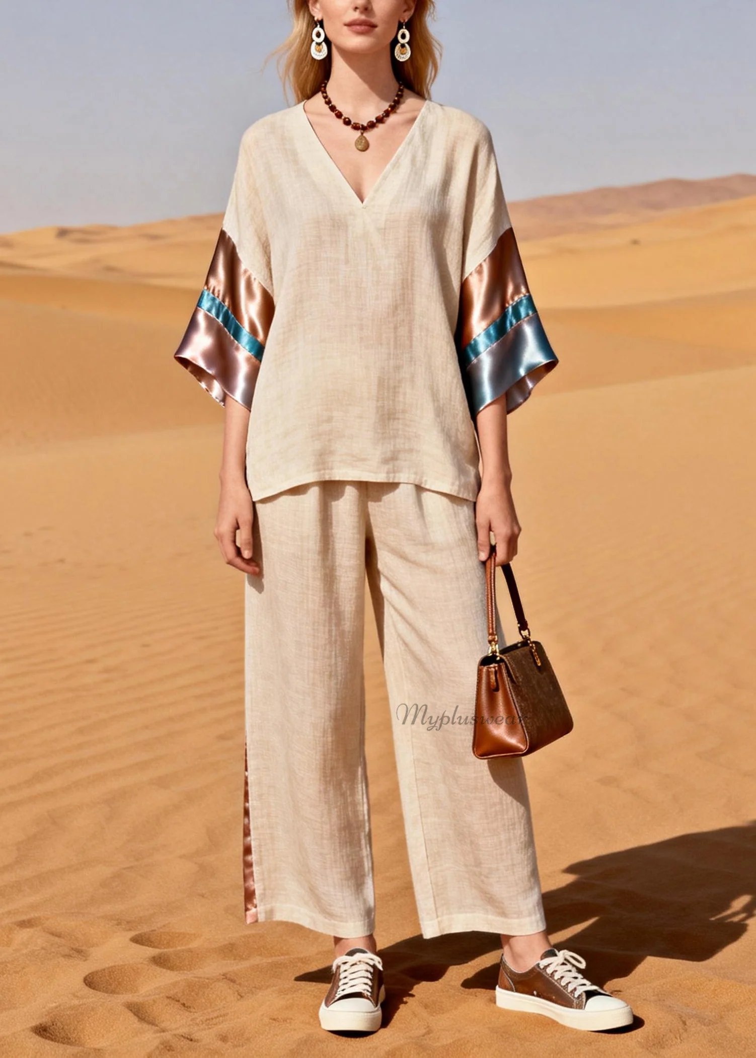 Beautiful V Neck Silk Patchwork Linen Two Pieces Set Summer - Image 3