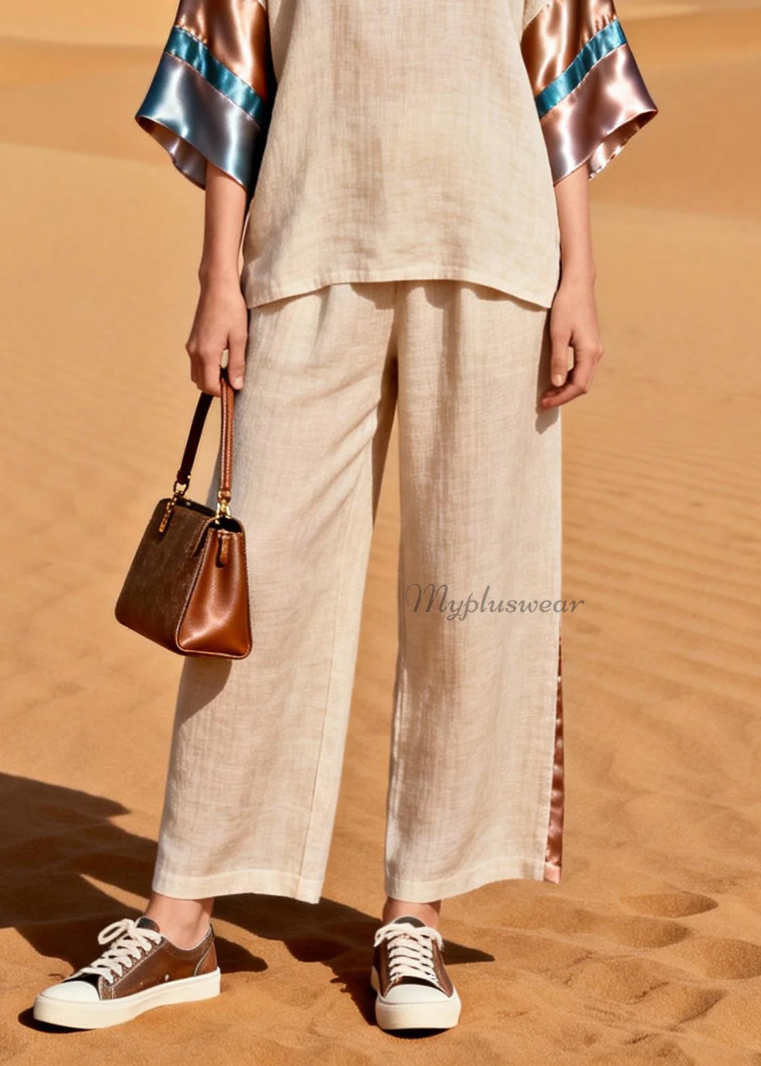 Beautiful V Neck Silk Patchwork Linen Two Pieces Set Summer - Image 4