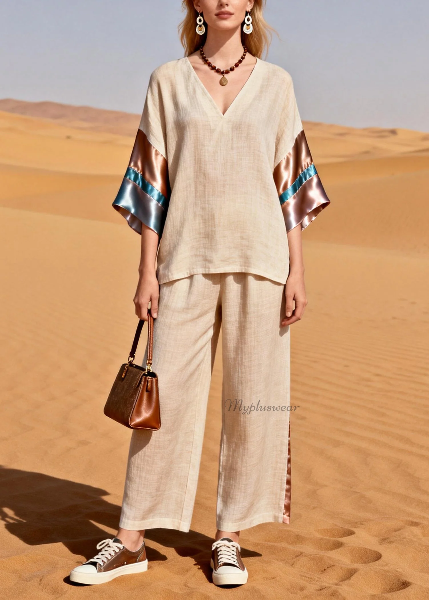 Beautiful V Neck Silk Patchwork Linen Two Pieces Set Summer - Image 5