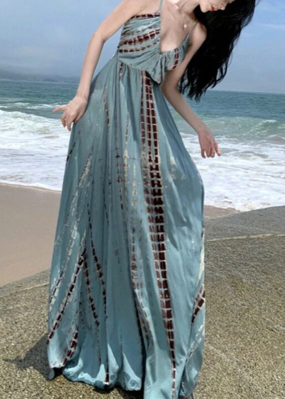 Beautiful V Neck Wrinkled Print Backless Maxi Spaghetti Strap Dresses Summer - Image 2