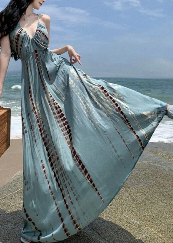 Beautiful V Neck Wrinkled Print Backless Maxi Spaghetti Strap Dresses Summer - Image 3