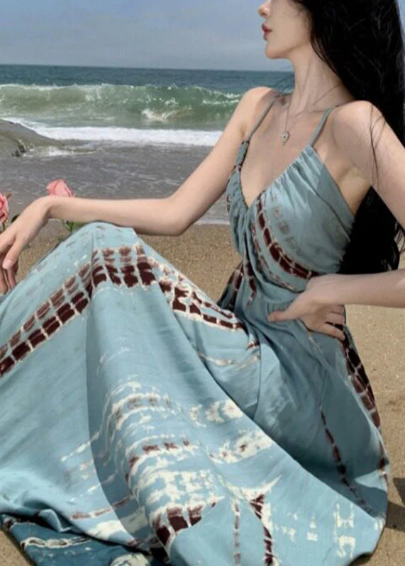 Beautiful V Neck Wrinkled Print Backless Maxi Spaghetti Strap Dresses Summer - Image 4