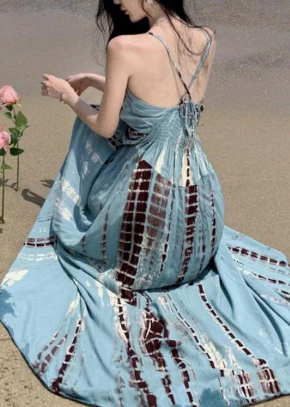 Beautiful V Neck Wrinkled Print Backless Maxi Spaghetti Strap Dresses Summer - Image 5