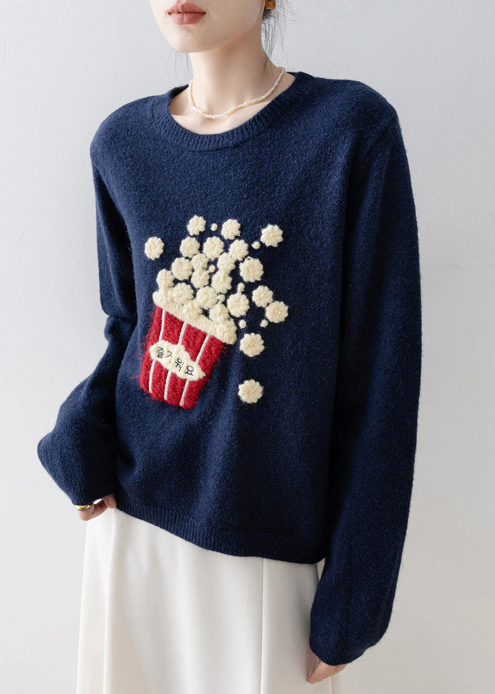 Beautiful Versatile Navy O Neck Knit Sweaters Spring - Image 2