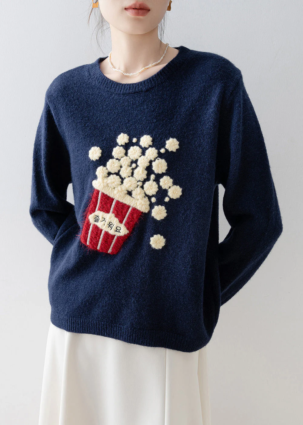 Beautiful Versatile Navy O Neck Knit Sweaters Spring - Image 3