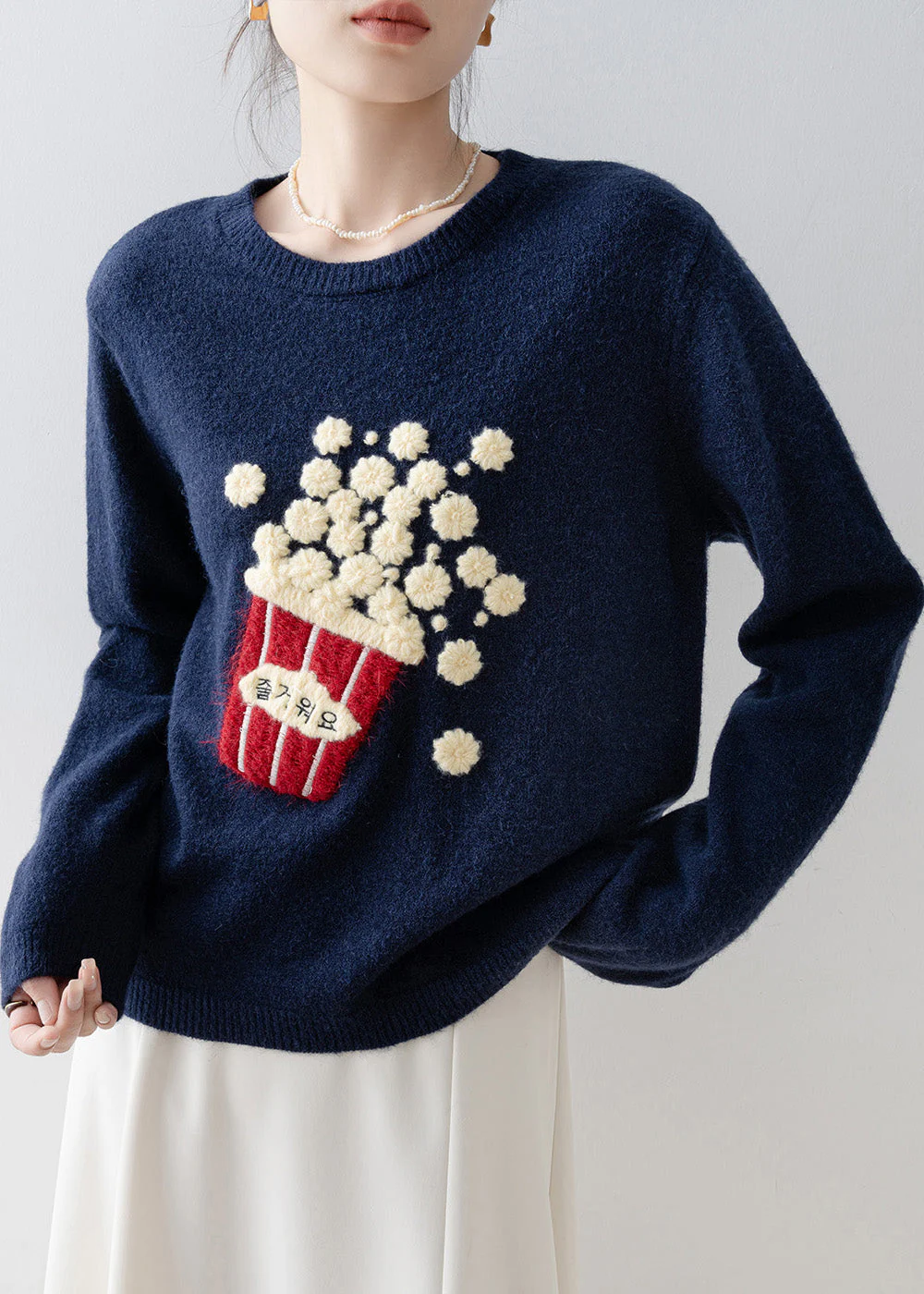 Beautiful Versatile Navy O Neck Knit Sweaters Spring - Image 5