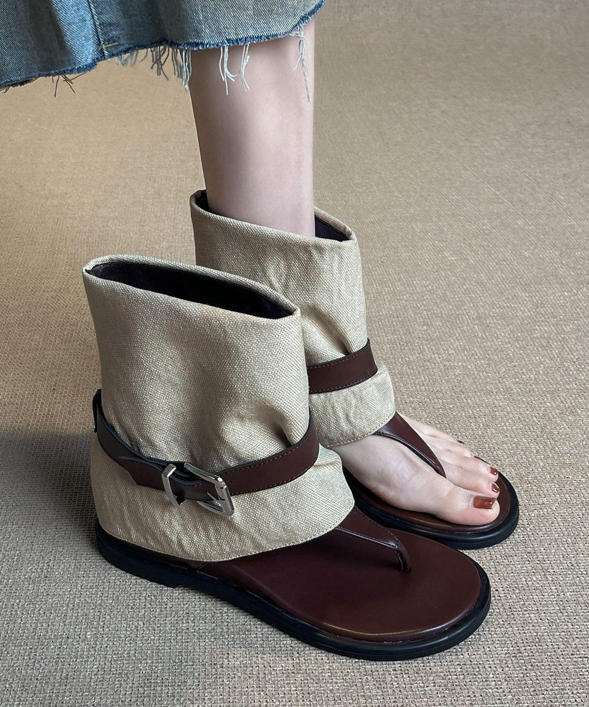 Beautiful Wedge Flip Flops Boots Brown Sheepskin - Image 2