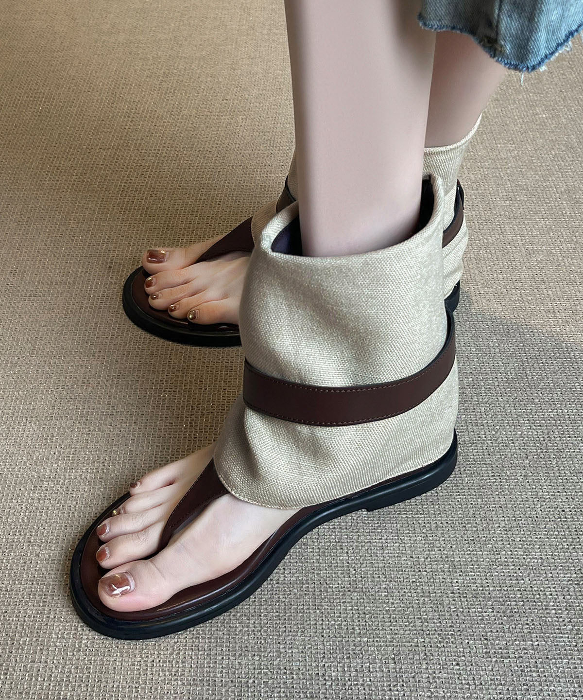 Beautiful Wedge Flip Flops Boots Brown Sheepskin - Image 3