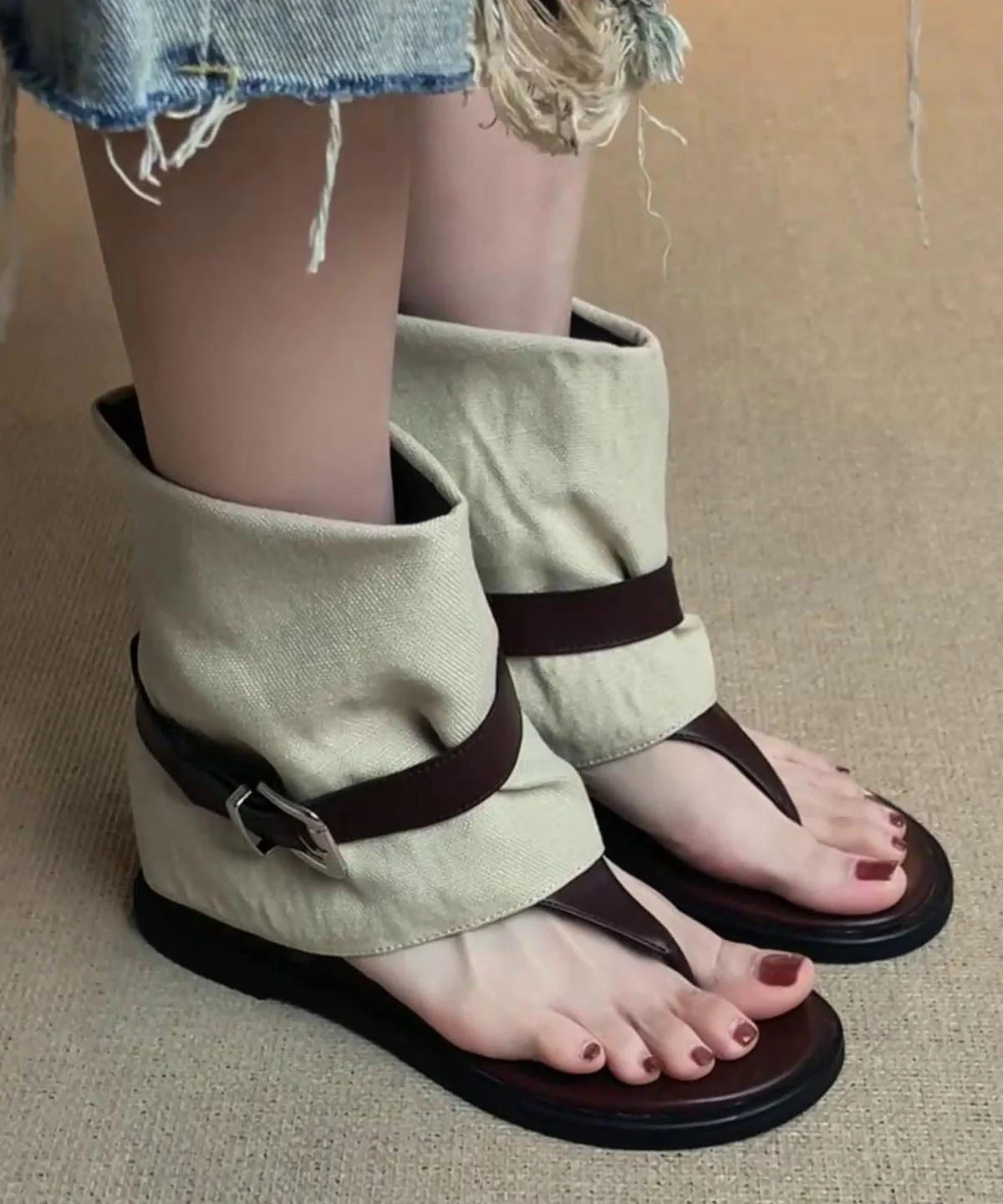 Beautiful Wedge Flip Flops Boots Brown Sheepskin - Image 4