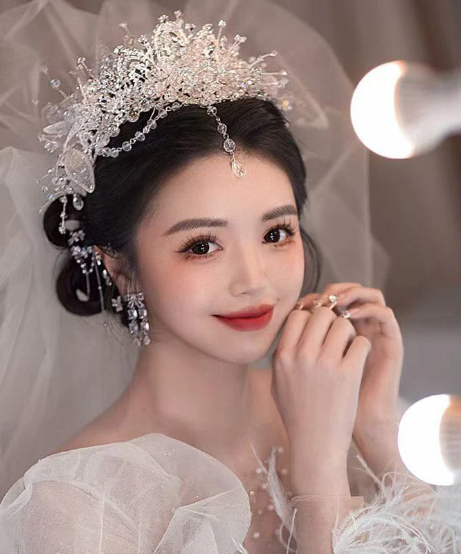 Beautiful White Alloy Zircon Crystal Tassel Drop Earrings And HairPiece Two-Piece Set