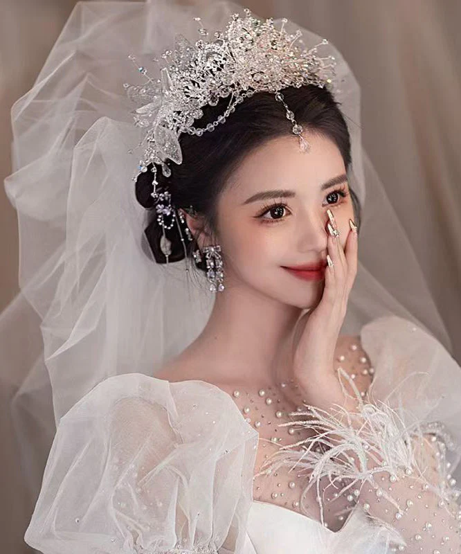 Beautiful White Alloy Zircon Crystal Tassel Drop Earrings And HairPiece Two-Piece Set - Image 5