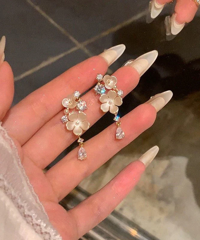 Beautiful White Alloy Zircon Floral Tassel Drop Earrings - Image 2
