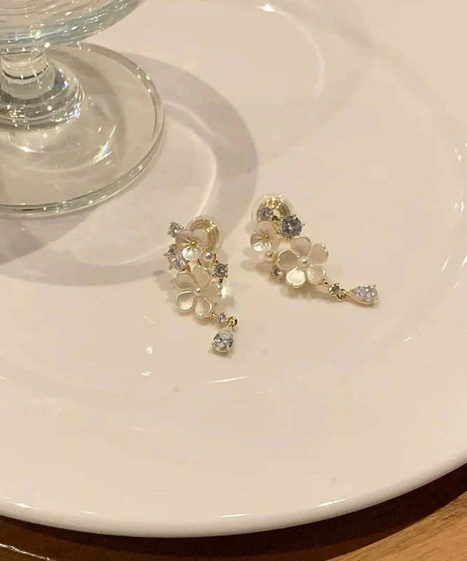 Beautiful White Alloy Zircon Floral Tassel Drop Earrings - Image 4