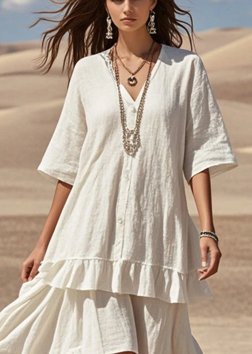 Beautiful White Asymmetrical Patchwork Cotton Holiday Dress Summer - Image 2