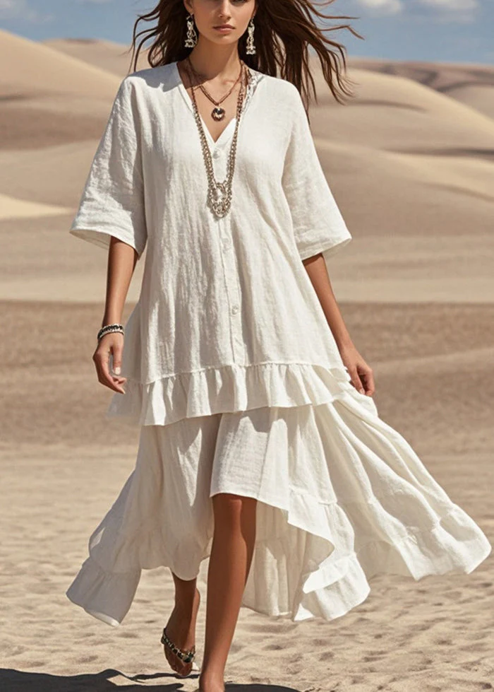 Beautiful White Asymmetrical Patchwork Cotton Holiday Dress Summer - Image 3