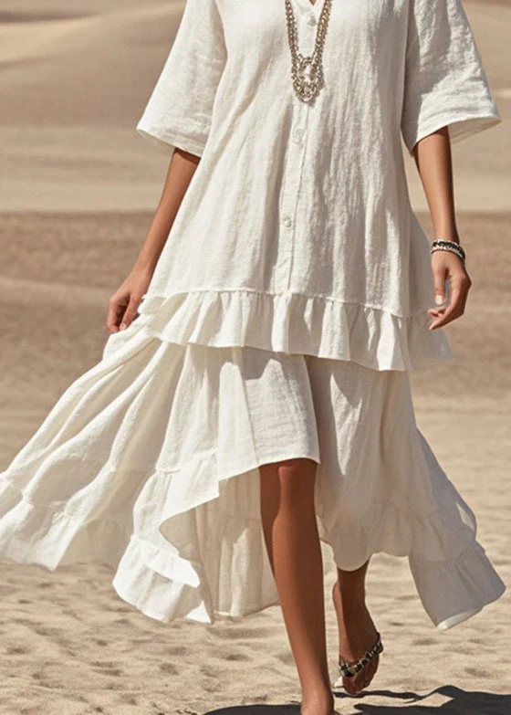 Beautiful White Asymmetrical Patchwork Cotton Holiday Dress Summer - Image 4