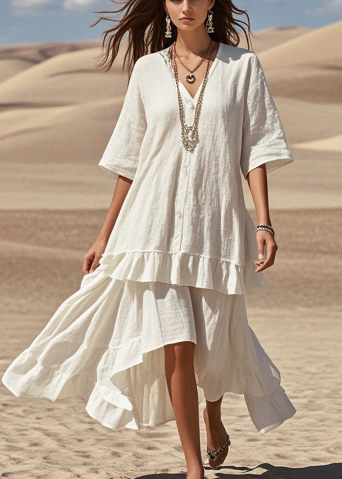 Beautiful White Asymmetrical Patchwork Cotton Holiday Dress Summer - Image 5