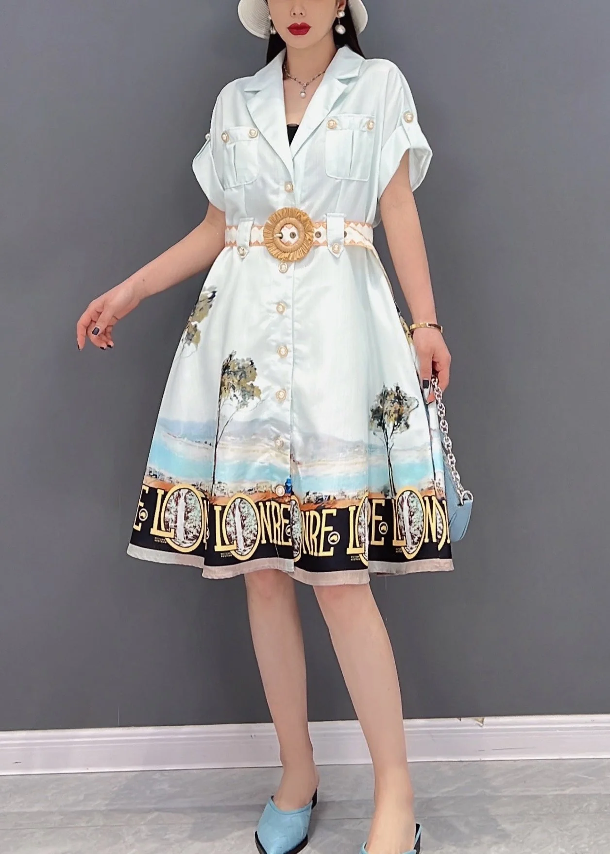 Beautiful White Button Peter Pan Collar Pockets Print Silk Shirt Dress Short Sleeve - Image 2