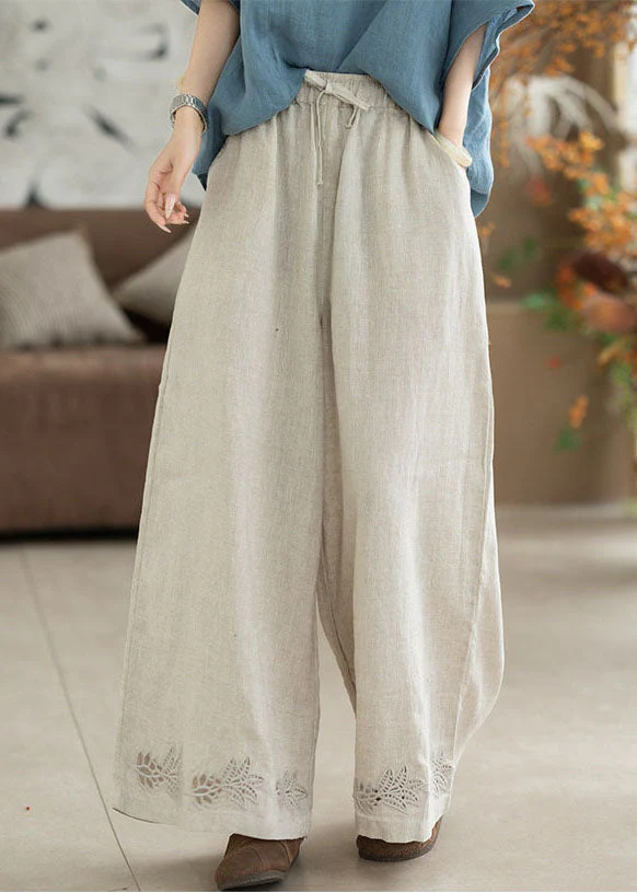 Beautiful White Embroidered Elastic Waist Linen Straight Pants Summer - Image 2