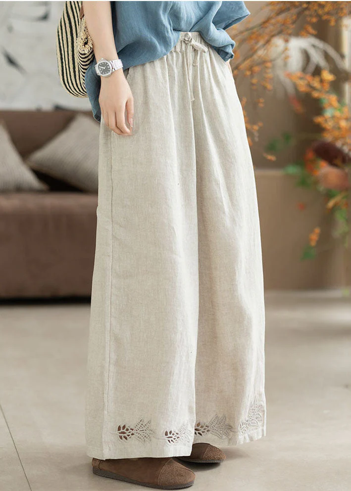 Beautiful White Embroidered Elastic Waist Linen Straight Pants Summer - Image 3
