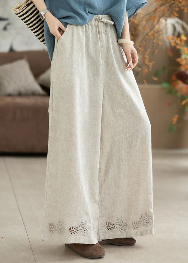 Beautiful White Embroidered Elastic Waist Linen Straight Pants Summer - Image 4