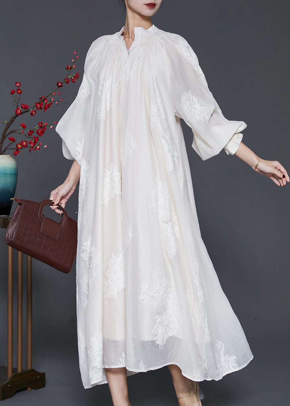 Beautiful Off White Embroidered Silk Maxi Dress Lantern Sleeve - Image 3