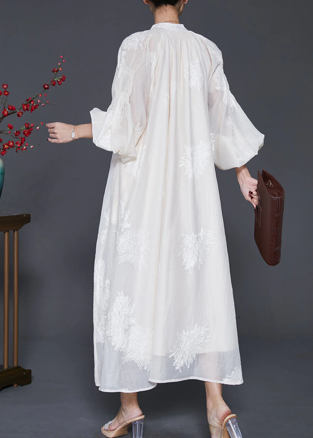 Beautiful Off White Embroidered Silk Maxi Dress Lantern Sleeve - Image 4