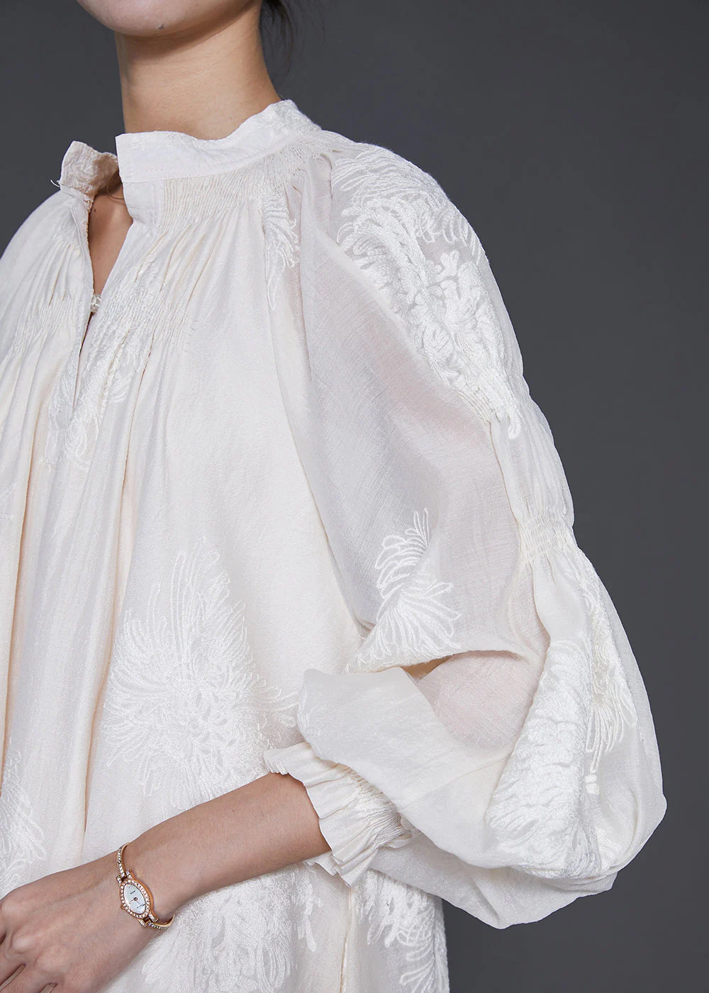 Beautiful Off White Embroidered Silk Maxi Dress Lantern Sleeve - Image 5