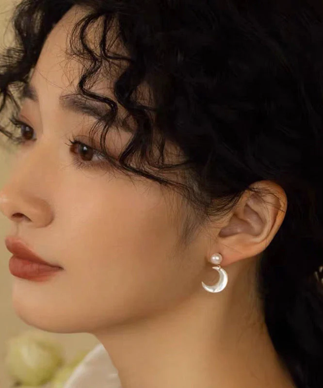 Beautiful White Moon Shape Pearl Drop Earrings - Image 2