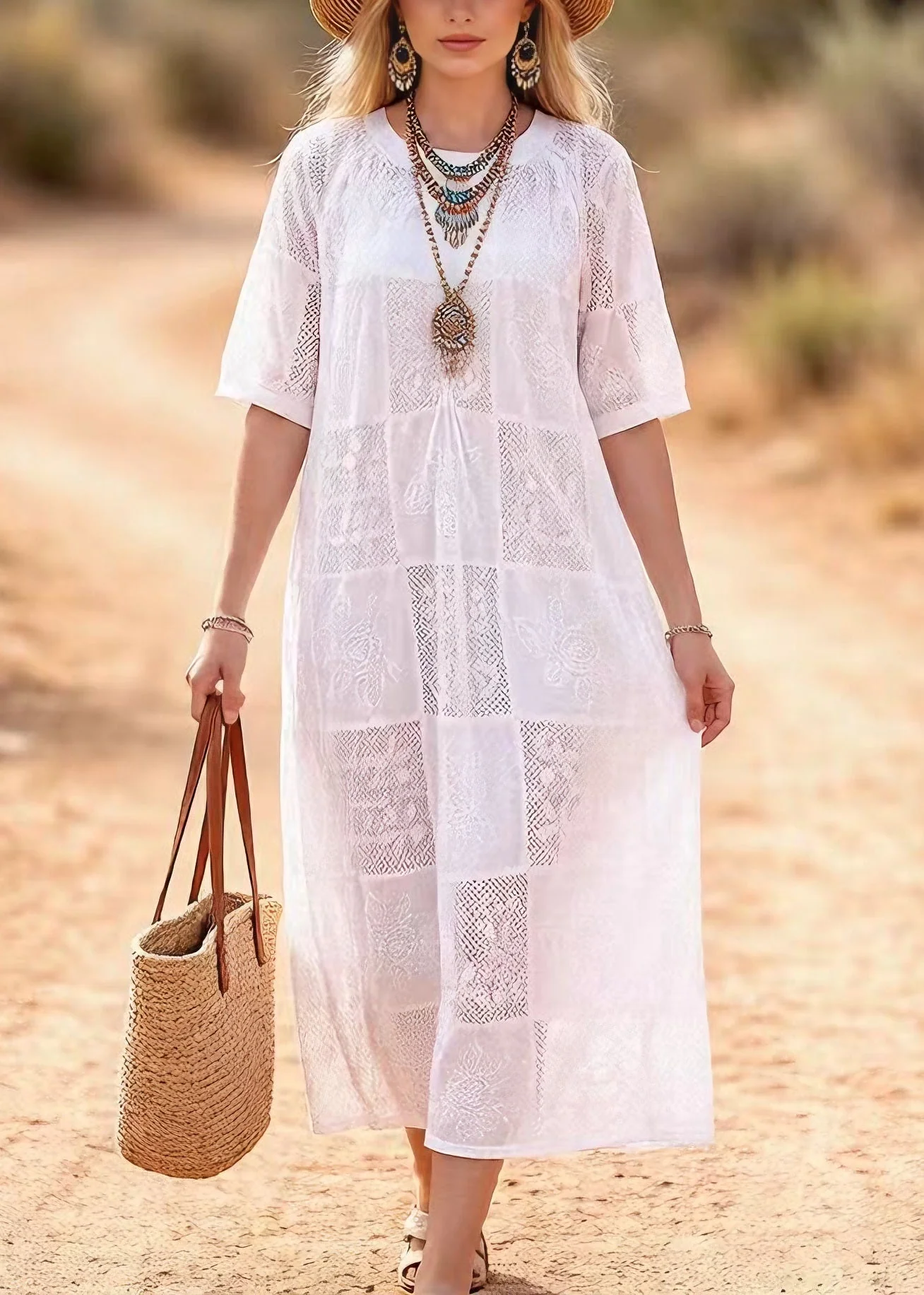 Beautiful White O Neck Embroidered Lace Maxi Dress Summer - Image 5