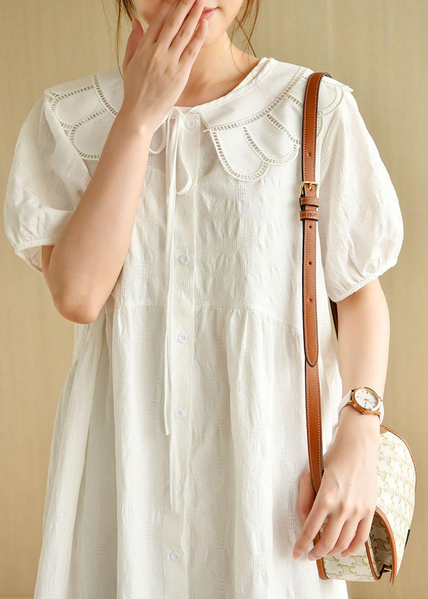 Beautiful White O-Neck Jacquard Summer Cotton Party Dresses Short Sleeve - Image 3