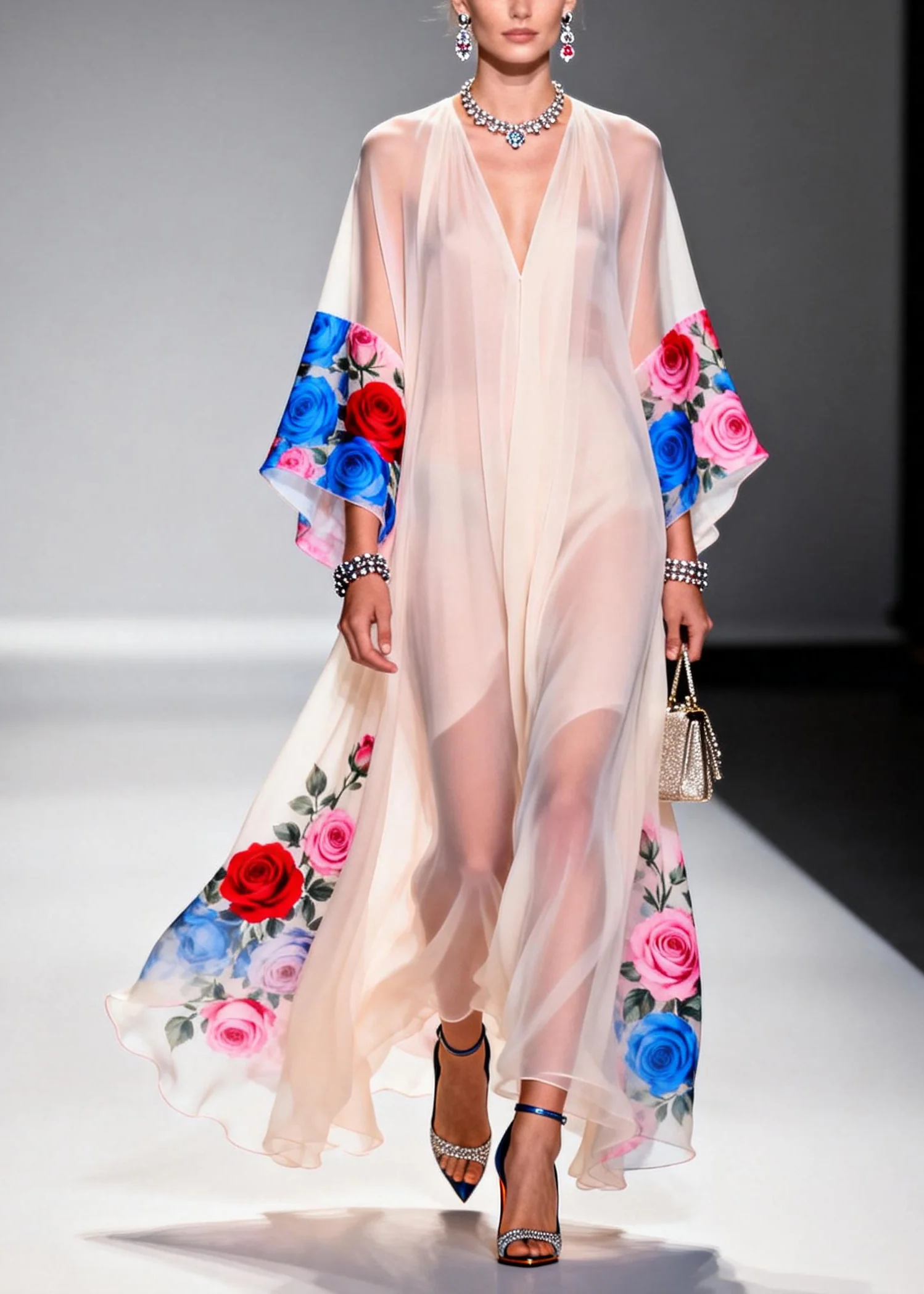 Beautiful White Oversized Floral Print Chiffon Maxi Dresses Summer - Image 5