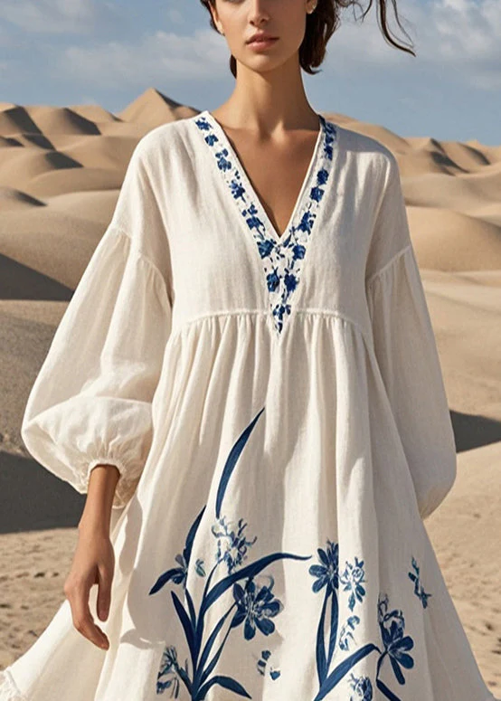 Beautiful White Oversized Print Cotton Dress Bracelet Sleeve - Image 2
