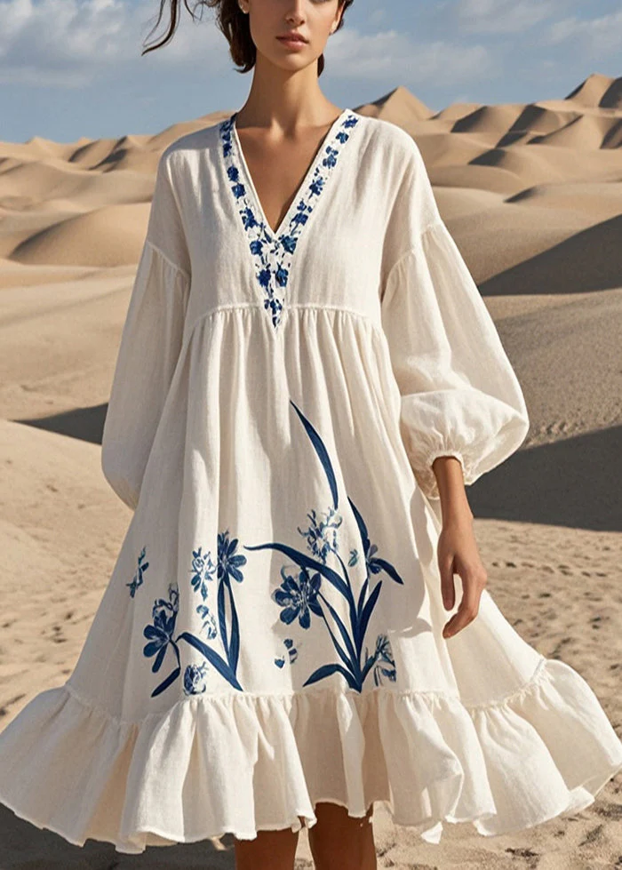 Beautiful White Oversized Print Cotton Dress Bracelet Sleeve - Image 3