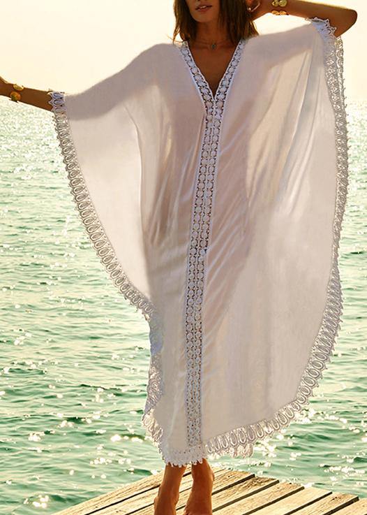 Beautiful White Patchwork Hollow Outkimono robe Summer Maxi Dress - Image 2