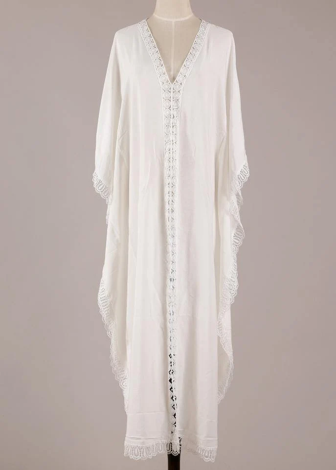 Beautiful White Patchwork Hollow Outkimono robe Summer Maxi Dress - Image 3