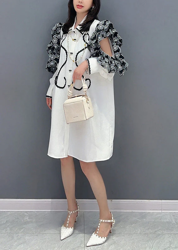Beautiful White Peter Pan Collar Print Button Maxi Shirts Dresses Puff Sleeve - Image 4