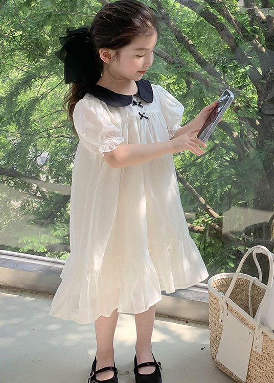 Beautiful White Peter Pan Collar Wrinkled Patchwork Cotton Kids Girls Dress Summer - Image 2